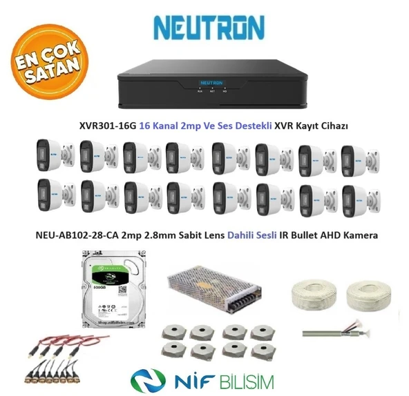 Neutron 2mp 16 kameralı Sesli Dış ortam AHD Full Kamera Seti 500GB Disk XVR301-16G NEU-AB102-28-CA