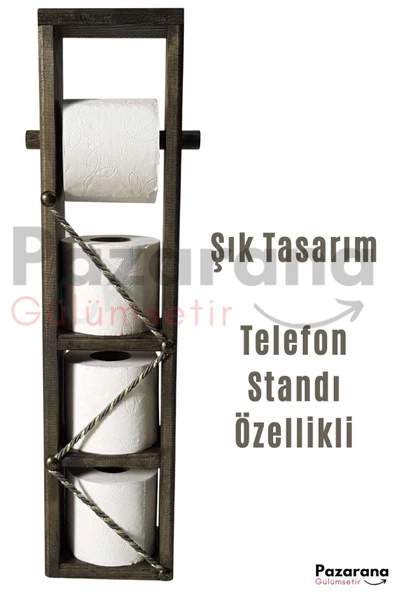 Ahşap Wc Kağıtlık Tuvalet Telefon Tutucu Standı Özellikli Banyo Kağıtlık Haki Renk - 4