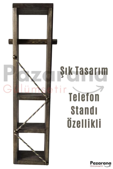 Ahşap Wc Kağıtlık Tuvalet Telefon Tutucu Standı Özellikli Banyo Kağıtlık Haki Renk - 5