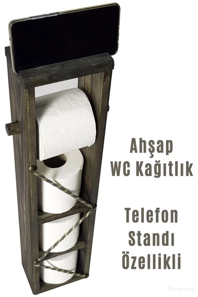 Ahşap Wc Kağıtlık Tuvalet Telefon Tutucu Standı Özellikli Banyo Kağıtlık Haki Renk - 2