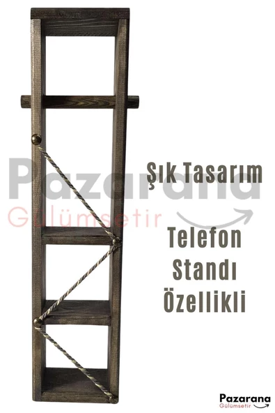 Ahşap Wc Kağıtlık Tuvalet Telefon Tutucu Standı Özellikli Banyo Kağıtlık Haki Renk - 5