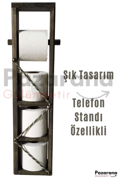 Ahşap Wc Kağıtlık Tuvalet Telefon Tutucu Standı Özellikli Banyo Kağıtlık Haki Renk - 4