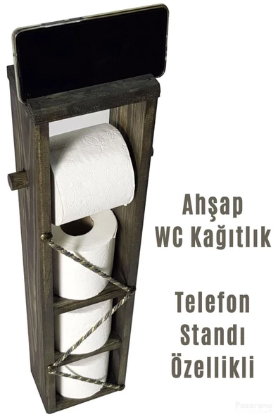 Ahşap Wc Kağıtlık Tuvalet Telefon Tutucu Standı Özellikli Banyo Kağıtlık Haki Renk - 2