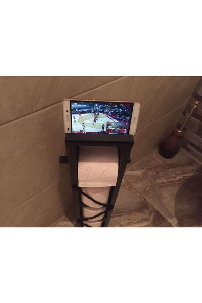 Ahşap Wc Kağıtlık Tuvalet Tuvalet Kağıtlığı Telefon Tutucu Standı Özellikli Siyah - 3