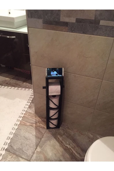 Ahşap Wc Kağıtlık Tuvalet Tuvalet Kağıtlığı Telefon Tutucu Standı Özellikli Siyah - 4