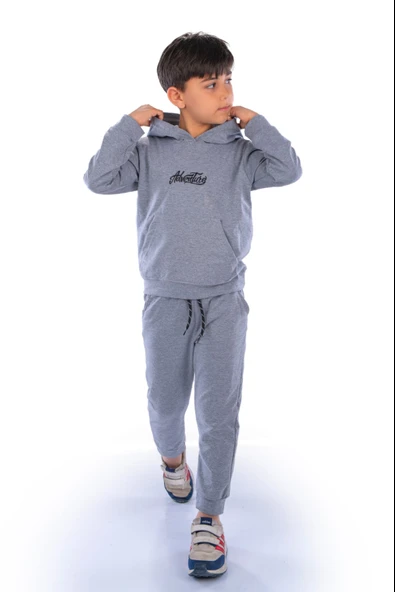 Adventure Nakış Kanguru Cepli Kapüşonlu Çocuk Eşofman MNK10072 - 8