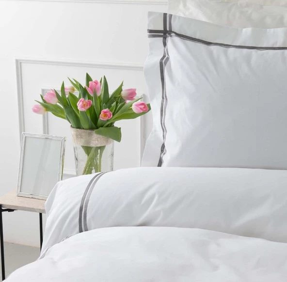 Karaca Home White Colllection Valse Gri Çift Kişilik Saten Şeritli Percale Nevresim Takımı - 3