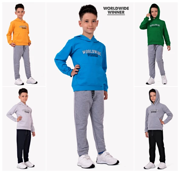 Worldwide Winner Nakış Kanguru Cepli Kapüşonlu Çocuk Eşofman MNK10073 - 4