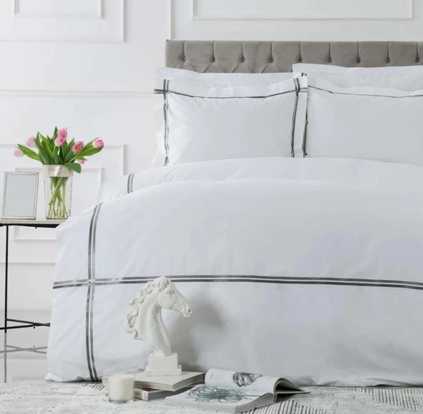 Karaca Home White Colllection Valse Gri Çift Kişilik Saten Şeritli Percale Nevresim Takımı