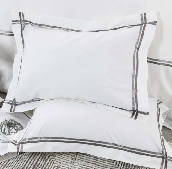 Karaca Home White Colllection Valse Gri Çift Kişilik Saten Şeritli Percale Nevresim Takımı - 4