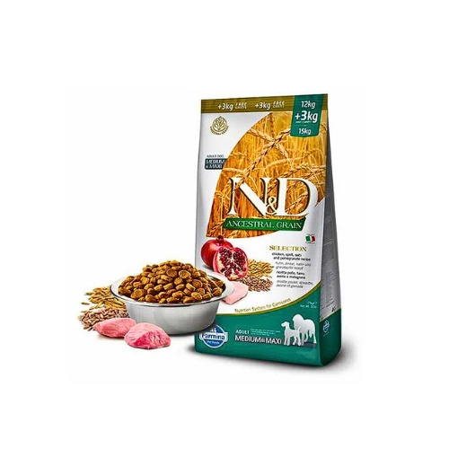 N&D Ancestral Grain Tavuklu Narlı Büyük ve Orta Irk Yetişkin Köpek Maması 12+3 KG