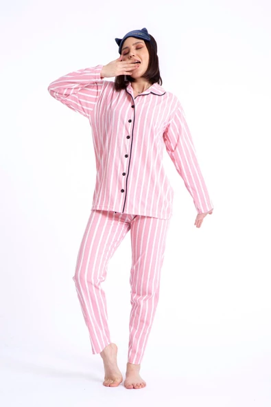 %100 Pamuk Gömlek Yaka Düğmeli Beyaz Çizgili Pembe Gecelik Pijama Takımı