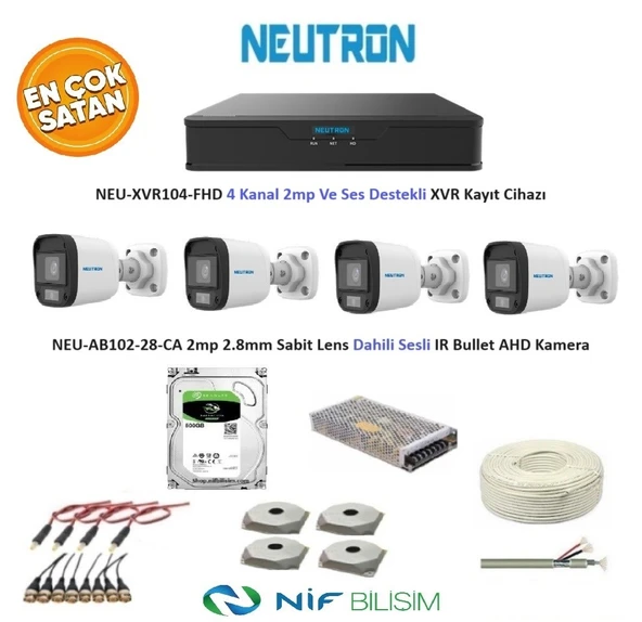 Neutron 2mp 4 kameralı Sesli Dış ortam AHD Full Kamera Set 500GB Disk NEU-XVR104-FHD NEU-AB102-28-CA