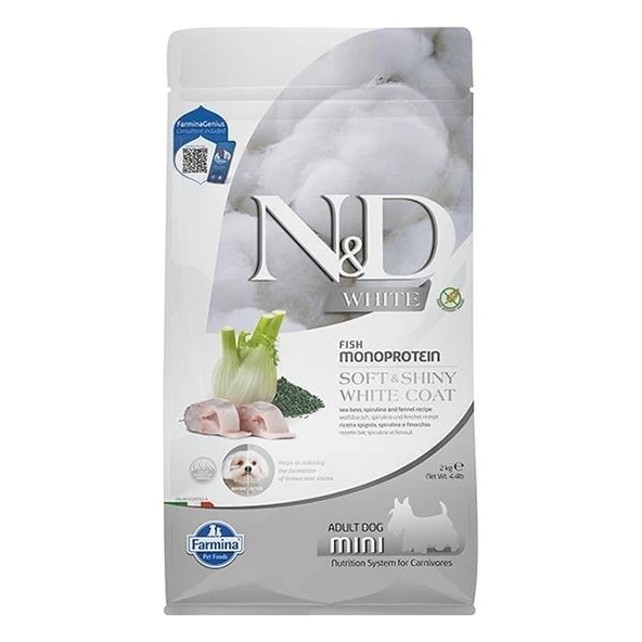 N&D White Coat Levrek ve Spirulina Beyaz Tüylü Mini Irk Tahılsız Köpek Maması 2 Kg