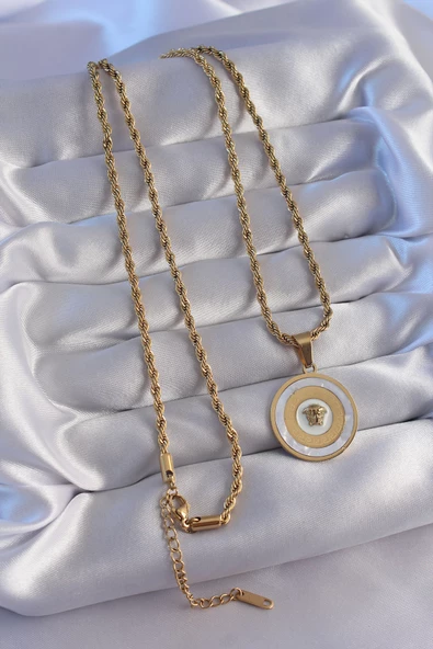 316L Çelik Zincir Gold Renk Mineli Burgu Zincirli Medusa Kolye - TJ-BKO8836 - 2