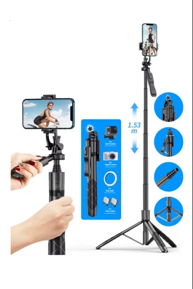 Selfie Stick 360 Derece Bluetooth Kumandalı Selfie Çubuğu Tripod Monopod Max 1530 mm Min 336 mm