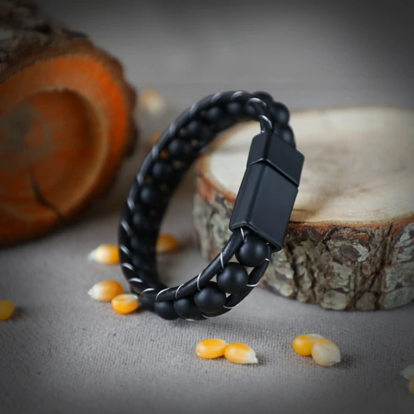 Mat Oniks Taşı Örmeli Deri Bileklik - Resim 7