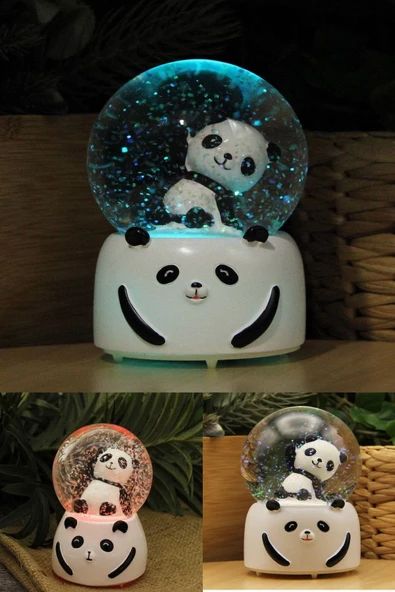 Rgb Led Işıklı Kar Püskürtebilen Tatlı Panda Tasarımlı Büyük Boy Müzik Çalabilen Panda Kar Küresi