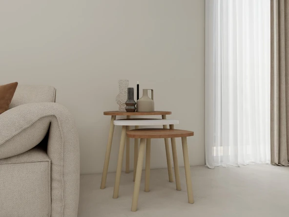 3lü Üçgen Zigon Sehpa Marbella Kiraz-Beyaz - Resim 2