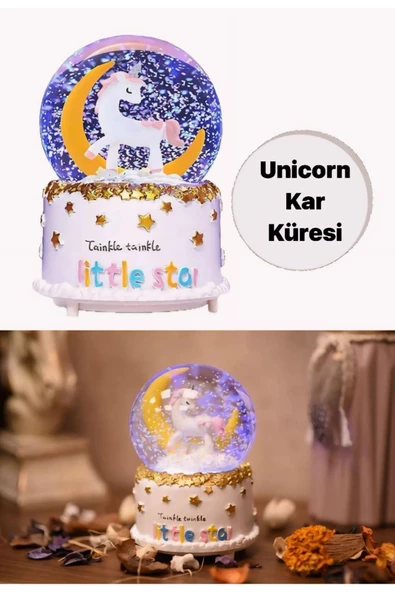 Unicorn Temalı Müzikli Ve Işıklı Kar Küresi /Çocuk Bebek Sevgili Hediyelik Kar Küresi 15 Cm