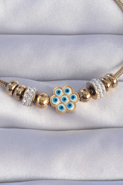316L Çelik Gold Renk Zirkon Taşlı Nazarlı Çiçek Tasarımlı Bileklik - TJ-BB6201 - Resim 2