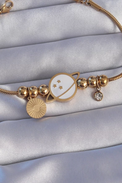 316L Çelik Gold Renk Zirkon Taşlı Mineli Satürn Tasarımlı Bileklik - TJ-BB6200 - Resim 2