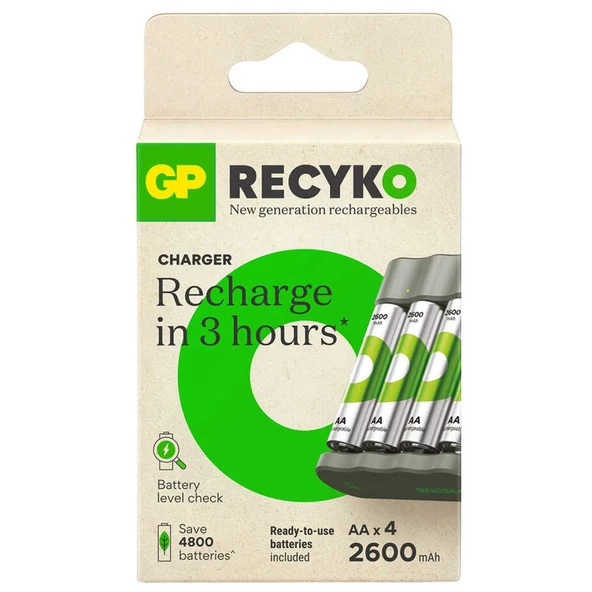 GP RECYKO B441 4 X 2600 MAH R6 AA PİLLİ PİL ŞARJ CİHAZI (GP-B441/270HCER21-2GTLB4) - 2