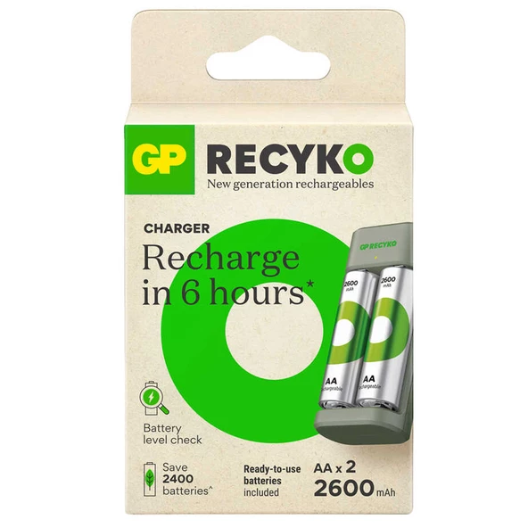 GP RECYKO E221 2 X 2600 MAH R6 AA PİLLİ PİL ŞARJ CİHAZI (GP-E221/270AHCER21-2GTLB2) - 2
