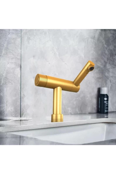 Rudi 360° Dönebilen Tuşlu Sıcak Soğuk Çevirme Ayarlı Gold Lavabo Bataryası - 660G