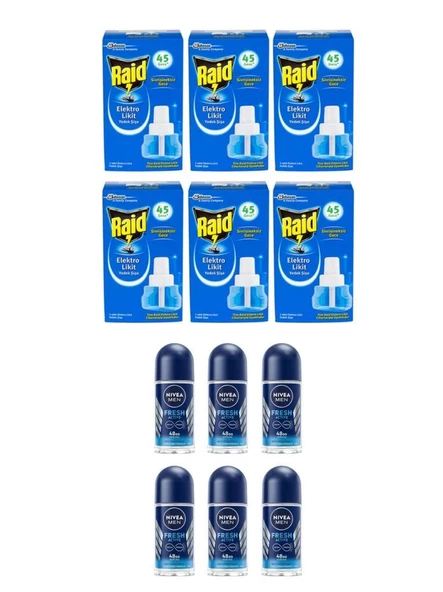 Raid Elektrolikit Sinek Kovucu Yedek Şişe 45 Gece 6 Adet+Nivea Rollon Fresh Active 25 Ml 6 Adet