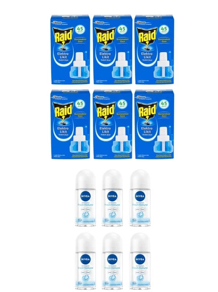 Raid Elektrolikit Sinek Kovucu Yedek Şişe 45 Gece 6 Adet+Nivea Rollon Fresh Naturel 25 Ml 6 Adet