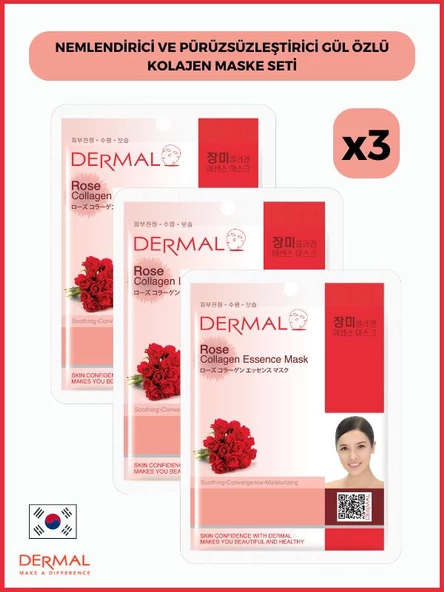 Dermal Nemlendirici Ve Pürüzsüzleştirici Gül Özlü Kolajen Maske 23gr 3 Adet