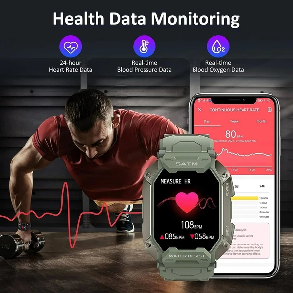 AMAZTIM Akıllı Saat, Bluetooth Çağrı 50M Su Geçirmez, Erkekler İçin - Yeşil - 2