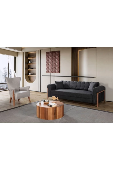 Perla Sofa Kitkat Ahşap Yataklı Sandıklı Koltuk Takımı Antrasit
