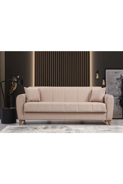 Perla Sofa Santoz Yataklı Sandıklı Üçlü Kanepe Krem