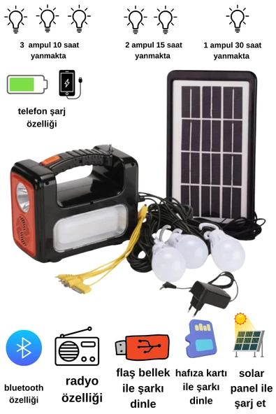 Güneş enerjili solar panelli radyolu+Bluetooth+mp3 ve telefon şarj özellikli solar kamp lambası