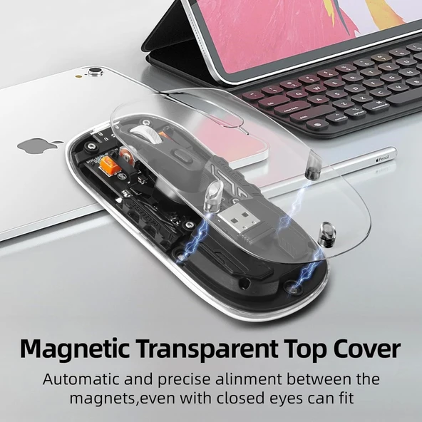 Dancesoul Şeffaf Kablosuz Sessiz Mouse, Bluetooth, Şarj Edilebilir Silm - Siyah - 4