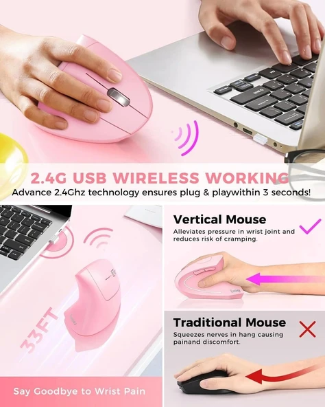 Lekvey Dikey Kablosuz Ergonomik Mouse, Şarj Edilebilir 2.4G Optik - Pembe - 3