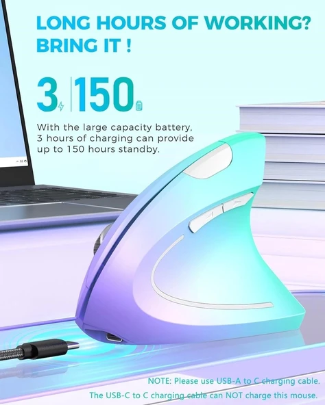 Lekvey Dikey Kablosuz Ergonomik Mouse, Şarj Edilebilir 2.4G Optik - Yeşil/Mor - 3