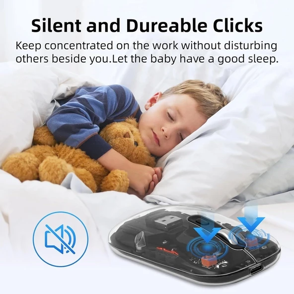 Dancesoul Şeffaf Kablosuz Sessiz Mouse, Bluetooth, Şarj Edilebilir Silm - Siyah - 2