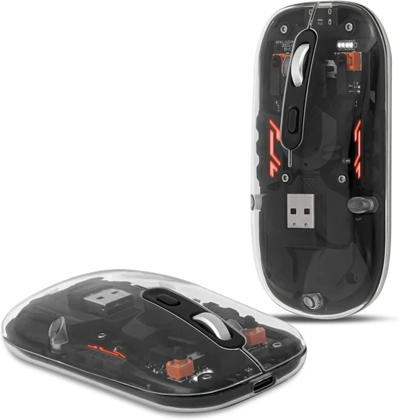 Dancesoul Şeffaf Kablosuz Sessiz Mouse, Bluetooth, Şarj Edilebilir Silm - Siyah