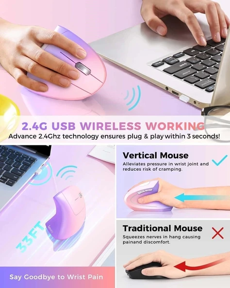Lekvey Dikey Kablosuz Ergonomik Mouse, Şarj Edilebilir 2.4G Optik - Mor/Pembe - 2