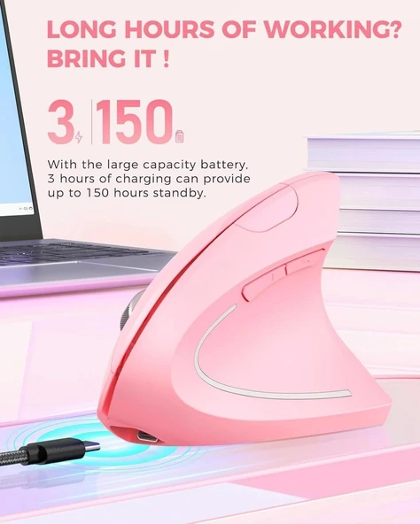 Lekvey Dikey Kablosuz Ergonomik Mouse, Şarj Edilebilir 2.4G Optik - Pembe - 4