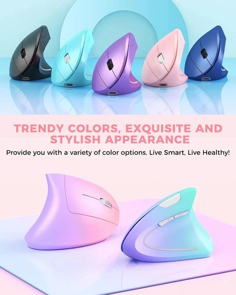 Lekvey Dikey Kablosuz Ergonomik Mouse, Şarj Edilebilir 2.4G Optik - Pembe - 2