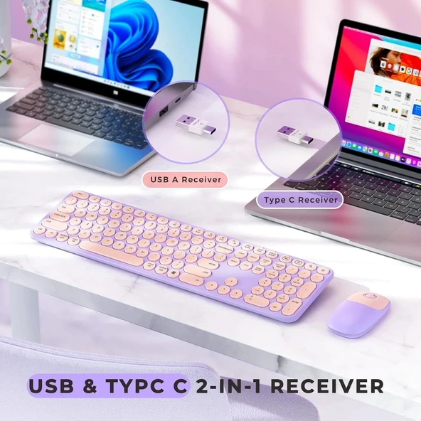 Seenda Kablosuz Klavye ve Mouse, USB ve Type-C - Pembe/Mor - 2