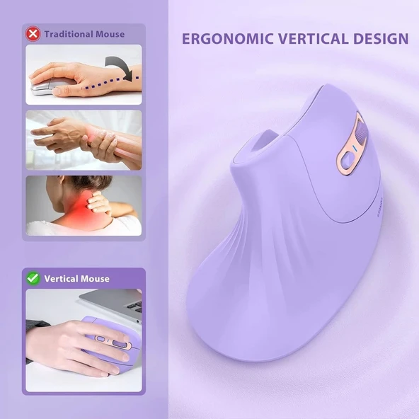 Seenda Ergonomik Kablosuz Dikey Mouse, Bluetooth 4.0+USB - Mor - 3