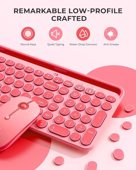 Seenda Yuvarlak Tuşlu Sevimli Kablosuz Klavye ve Mouse, Bluetooth 2.4G - Pembe - 3