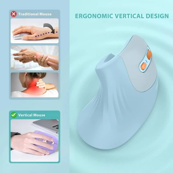 Seenda Ergonomik Kablosuz Dikey Mouse, Bluetooth 4.0+USB - Gök Mavisi - 2