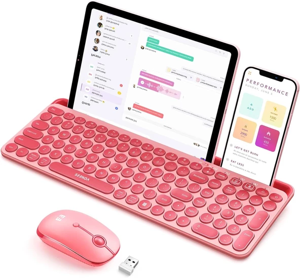 Seenda Yuvarlak Tuşlu Sevimli Kablosuz Klavye ve Mouse, Bluetooth 2.4G - Pembe