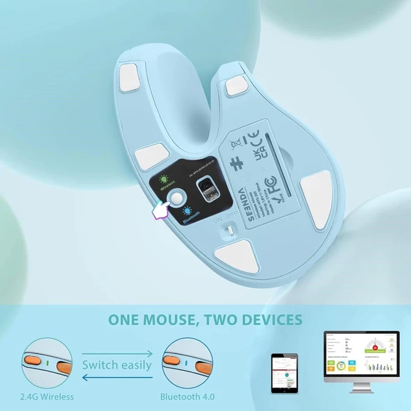 Seenda Ergonomik Kablosuz Dikey Mouse, Bluetooth 4.0+USB - Gök Mavisi - 4